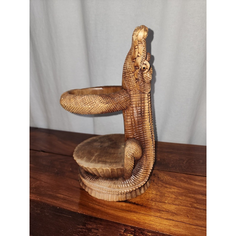 Vintage kitsch Carved Wooden Alligator Bottle Holder Wine